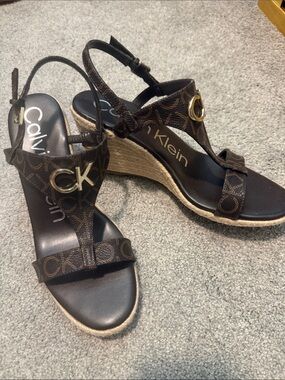 Calvin Klein Brown Monogram Espadrille Wedge Sandals